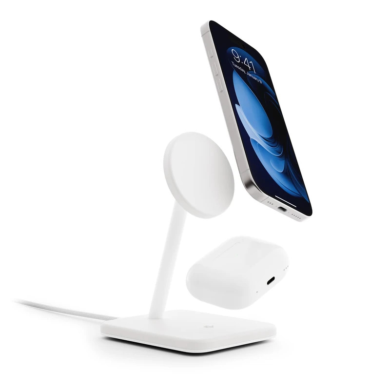 Twelve South HiRise 2 Deluxe 2-in-1 Qi2 Charging Stand for iPhone and AirPods White