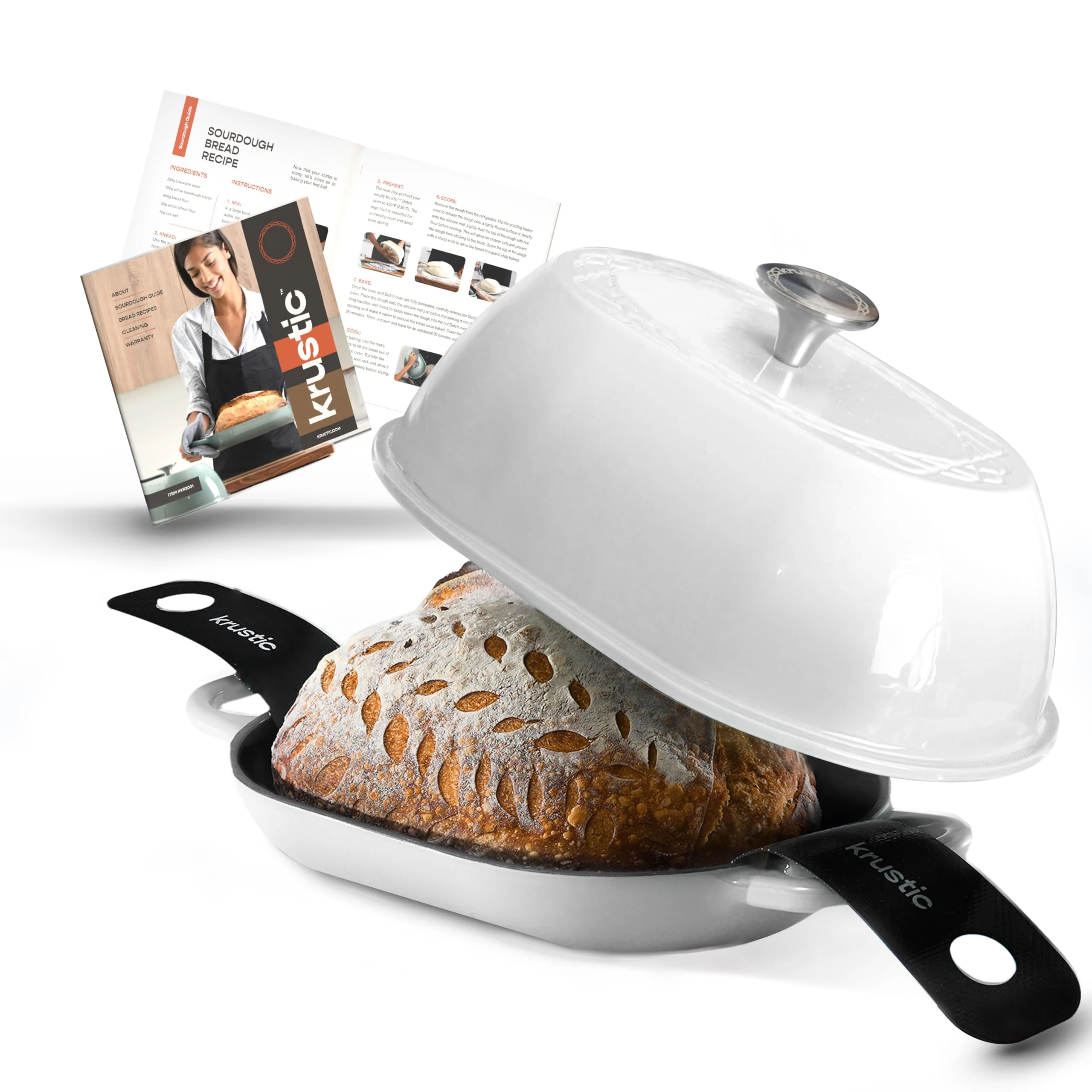 Krustic Enameled Cast Iron Dutch Oven for Professional Sourdough Bread Baking | 5.5 Quart Loaf Size Oval Cookware Pot with Lid | Triple-Layer Enamel Coating Pan with Non Stick Silicone Mat | White