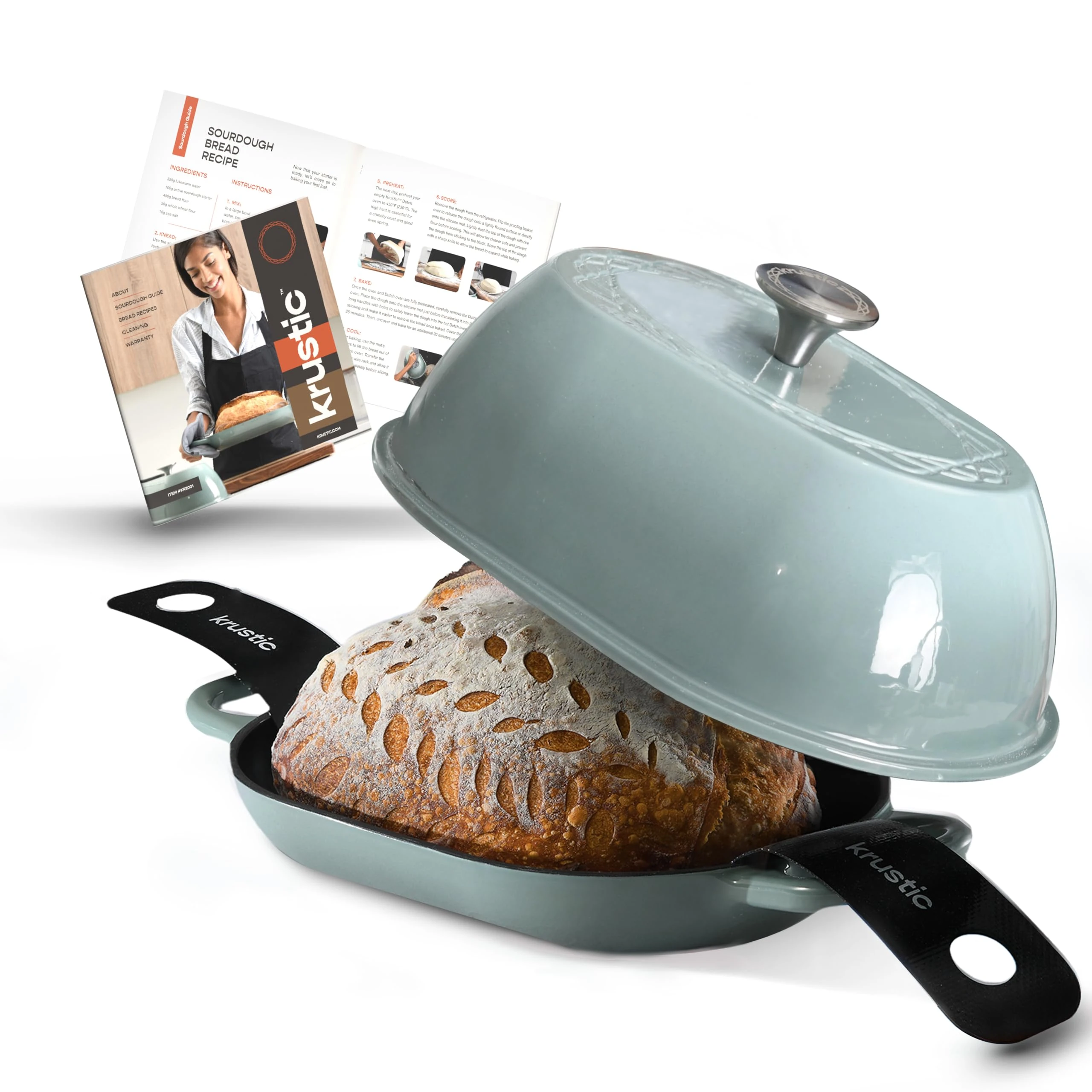 Krustic Enameled Cast Iron Dutch Oven for Professional Sourdough Bread Baking | 5.5 Quart Loaf Size Oval Cookware Pot with Lid | Triple-Layer Enamel Coating Pan with Non Stick Silicone Mat | Sea Salt