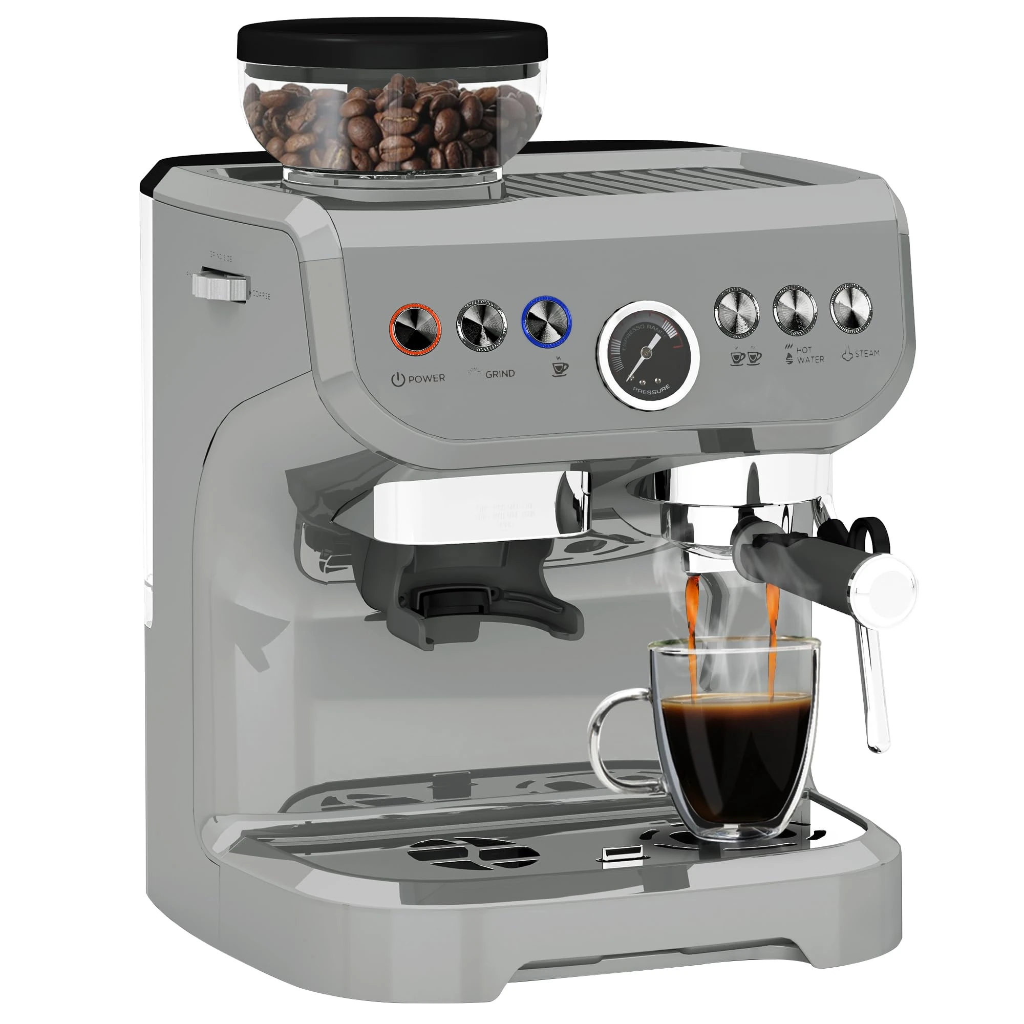 HOMCOM Espresso Machine with Integrated Bean Grinder & Steam Wand, Bean to Cup Coffee Machine with 15 Bar Italian Pump, 2L Water Tank, Cappuccino Maker, Stainless Steel Silver