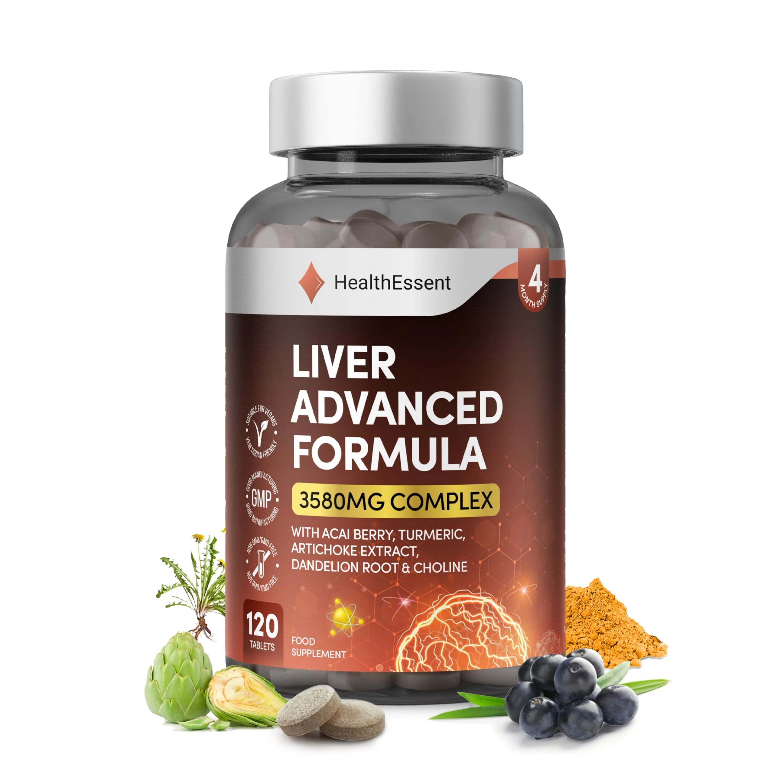 Liver Detox Advanced Formula – 3580mg Complex for Liver Cleanse & Repair, with Acai, Artichoke, Choline, Dandelion Root & Turmeric Powder, (4 Month Supply) – 120 Vegan Tablets by HealthEssent