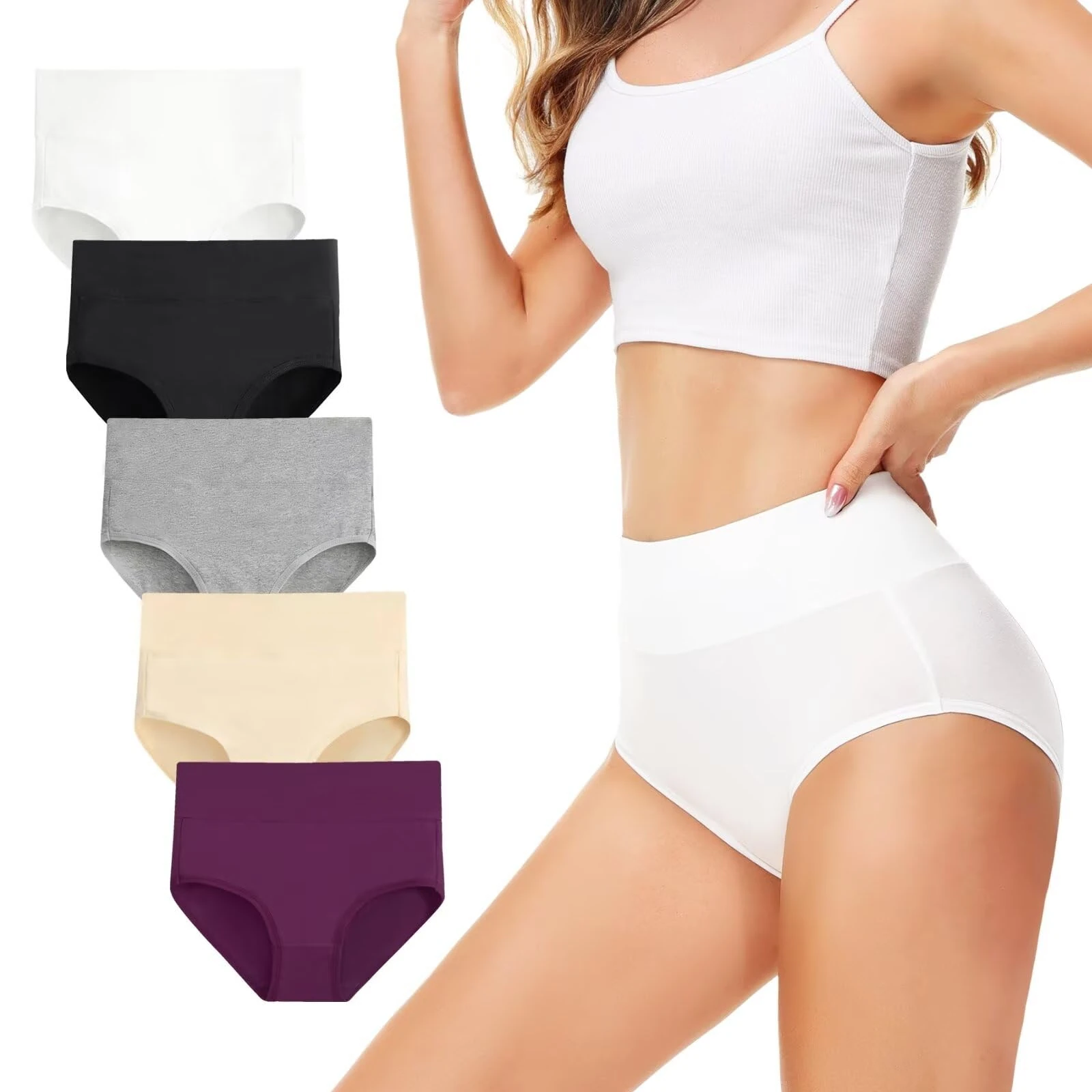 TUUHAW Underwear Women High Waisted Knickers for Women Multipack of 5 Black White Grey Purple Skin Colour Nude Ladies Knickers Size 10 Womens Pants Ladies Full Briefs Panties Soft Cotton