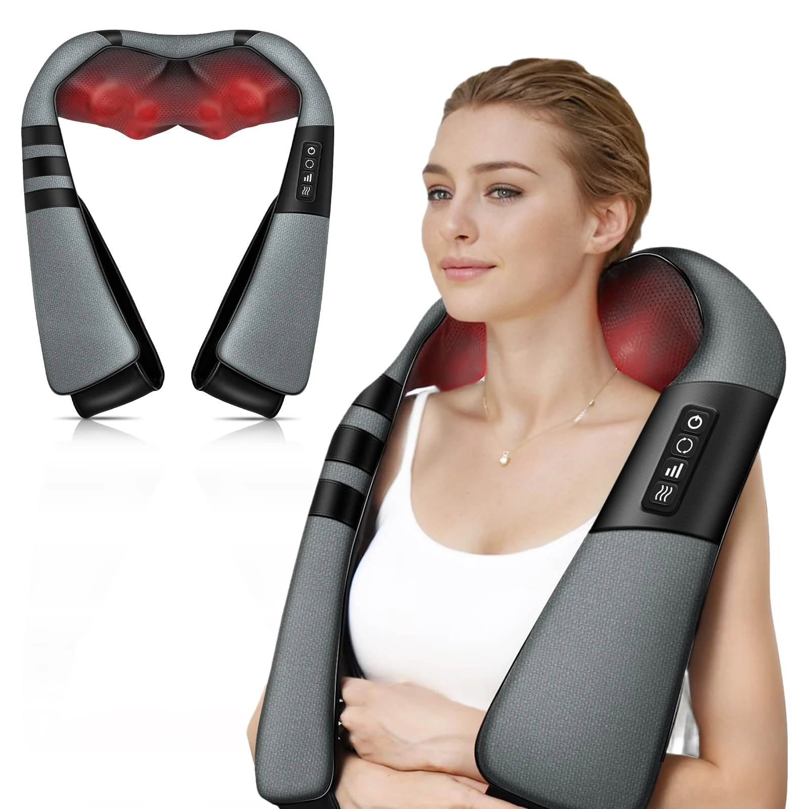 WERTYI Neck and Shoulder Massager with Heat, Deep Tissue Shiatsu 3D Kneading Massager for Neck, Back, Waist and Leg, at Home and Car, Gifts for Women/Men/Mom/Dad (Grey)
