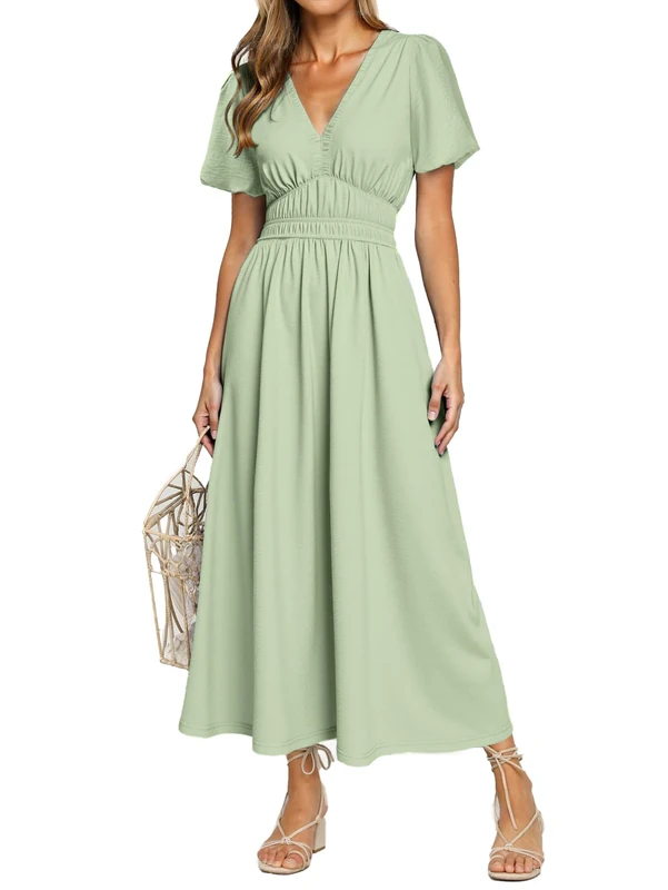 Simplee Women's Summer Flowy Midi Dress Casual V Neck Short Sleeve Empire Waist Boho Beach Dress Wedding Guest Maxi Dress, Sage Green, M - Image 1