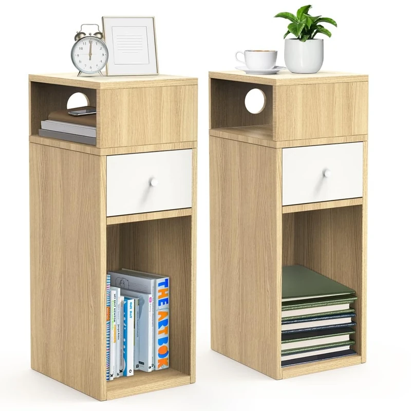 VOUNOT® Slim Bedside Table Set of 2, Narrow Wood Bedside Cabinet with Drawer and Open Shelf, Small Bedside Unit, Thin Nightstand for Bedroom, Living Room, Natural