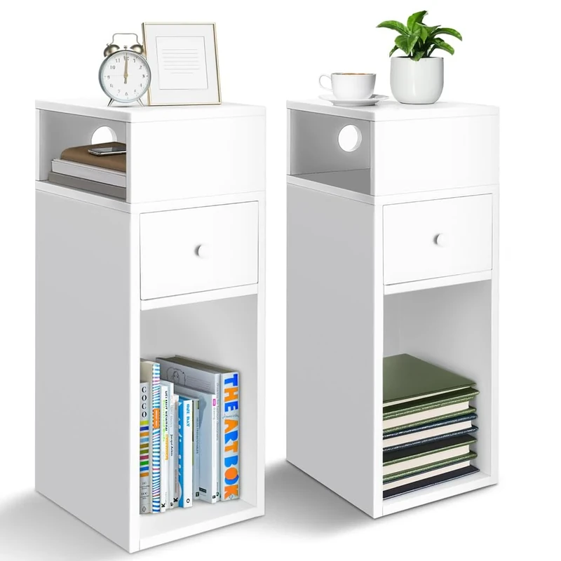 VOUNOT® Slim Bedside Table Set of 2, Narrow Wood Bedside Cabinet with Drawer and Open Shelf, Small Bedside Unit, Thin Nightstand for Bedroom, Living Room, White