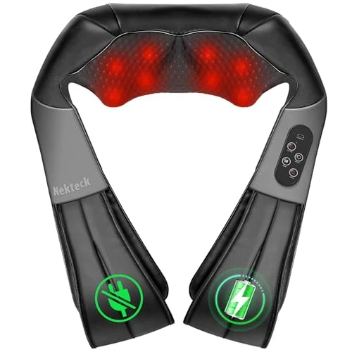 Nekteck Cordless Shiatsu Neck and Back Massager with Soothing Heat, Rechargeable Electric Deep Tissue 3D Kneading Massage Pillow for Shoulder Leg Body Muscle Pain Relief, 3 Speed Intensities