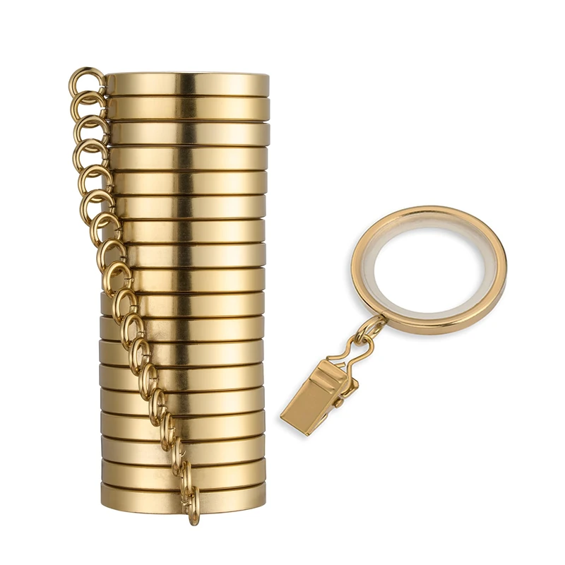 Cambria® Designer Series - Premium Easy Glide 18 Count Curtain Rings - Metal with Smooth, Quiet Nylon Inserts with Clips - 1-3/8 inch Diameter (1-1/8 inch Inside Diameter) - Brushed Gold - Image 1