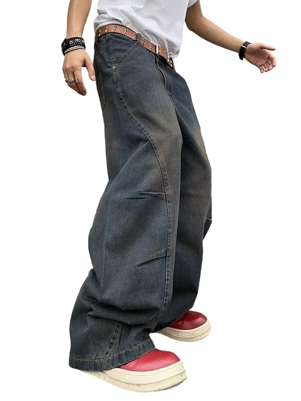 DFGIGT Men's Irregular Sutures Y2k Hip Hop Baggy Jeans Wide Leg Denim Pants Casual Loose Fit Trousers Streetwear, C10 Haze Blue, Large