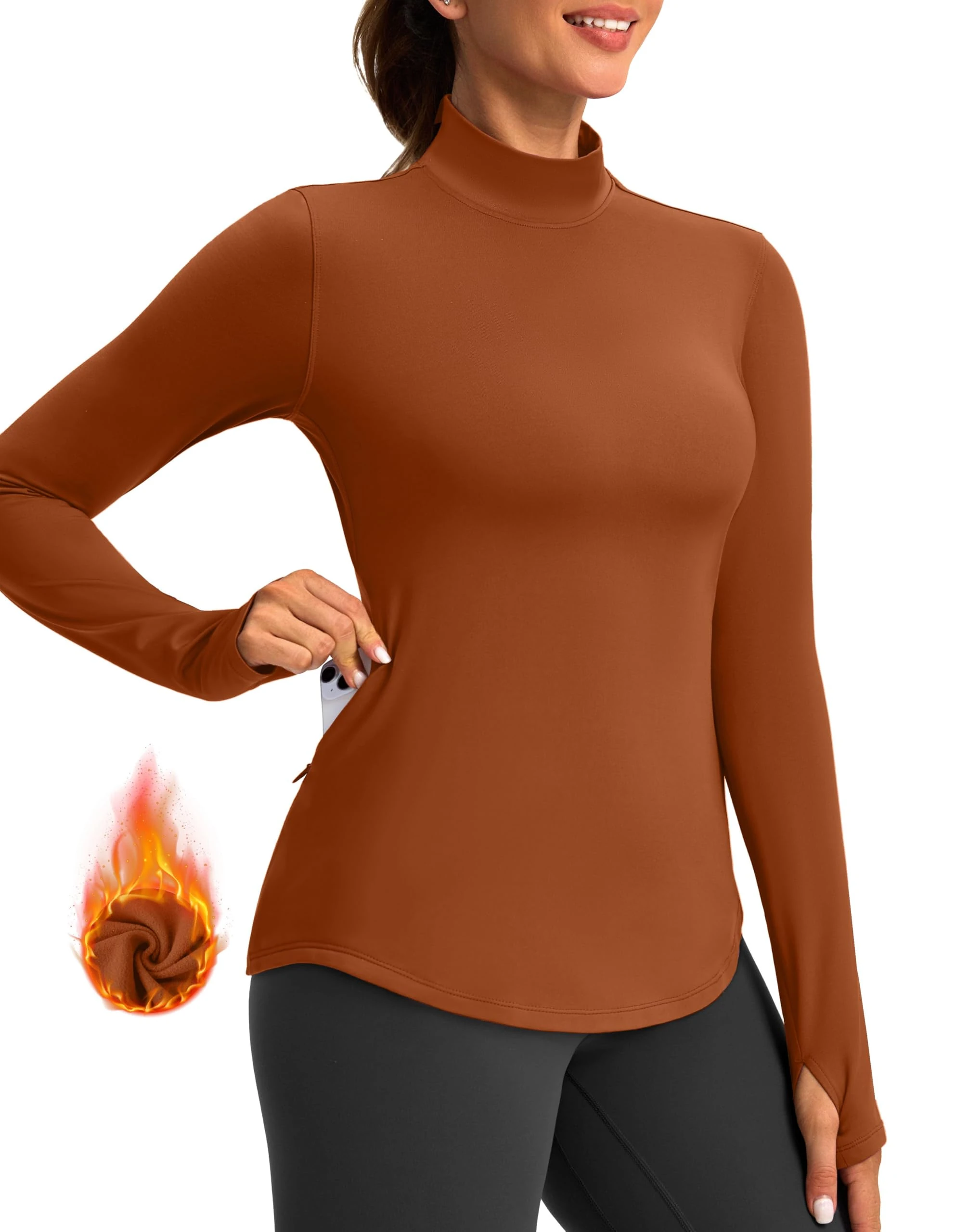 Thermal Shirts for Women Long Sleeve Mock Neck Fleece Tops Running Workout Cold Weather Gear with Zip Pocket, Brick Red, XXL