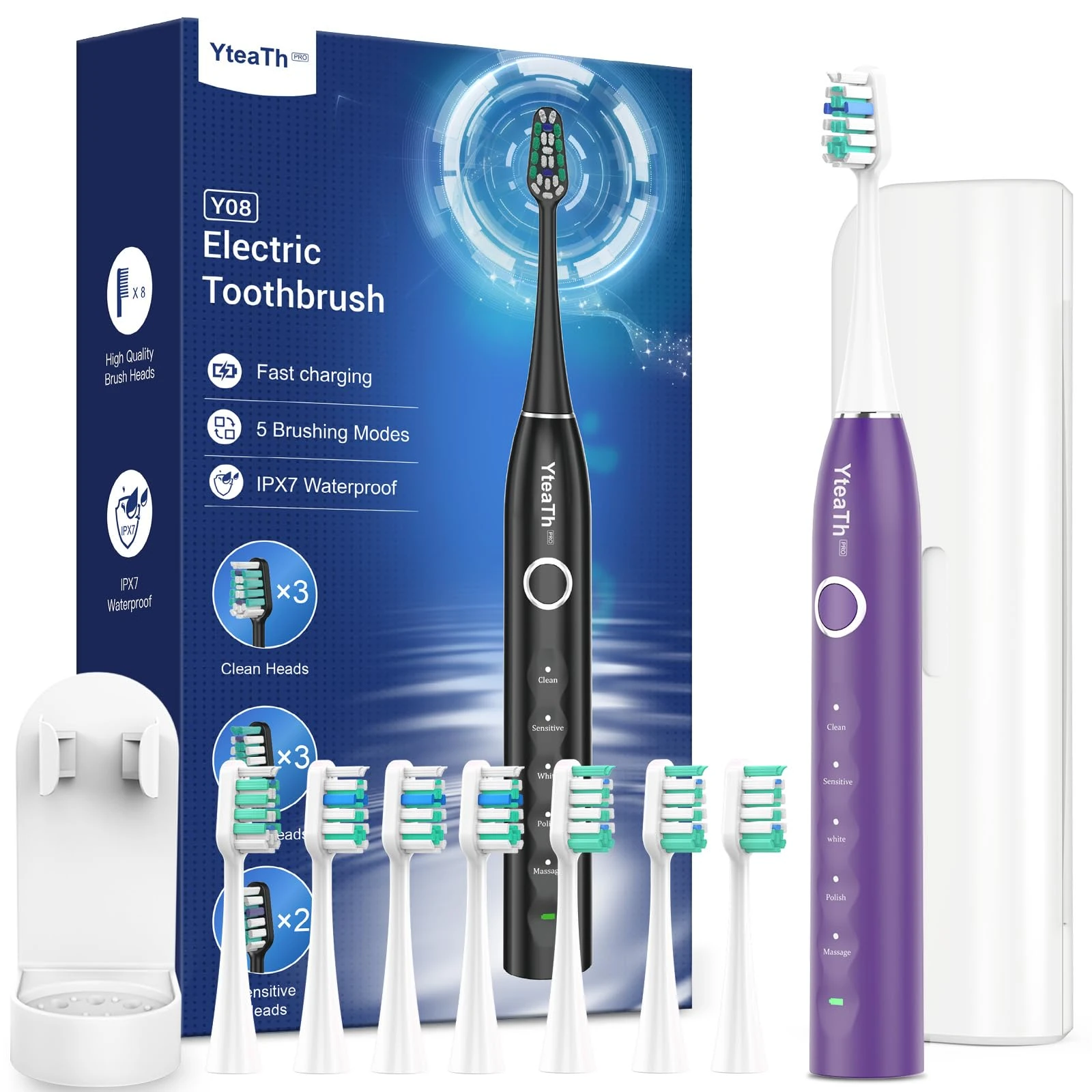 Sonic Electric Toothbrush for Adults and Kids - Sonic Toothbrush with 8 Toothbrush Heads (3 Types) and 5 Modes, 120 Days Battery Life, 50000 VPM, Travel Case and Wall Holder, 2 Minute Timer, USB C