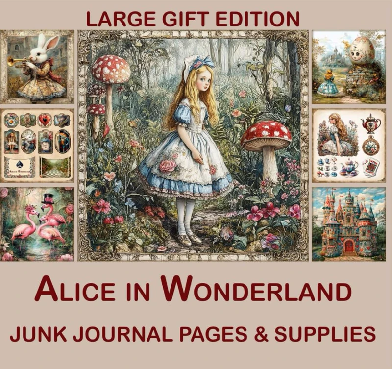 Alice in Wonderland junk journal pages & supplies Large gift edition 8x8: 240 pages for Scrapbooking, Collage and Paper Crafts, Art Journaling