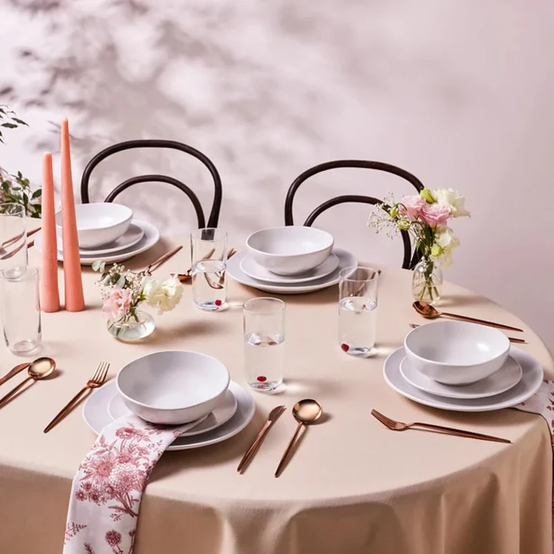 Karaca Scarlet 18-Piece Stoneware Dinner Set for 6 People, Dinner Plate, Side Plate, Bowl, Dishwasher Safe, White