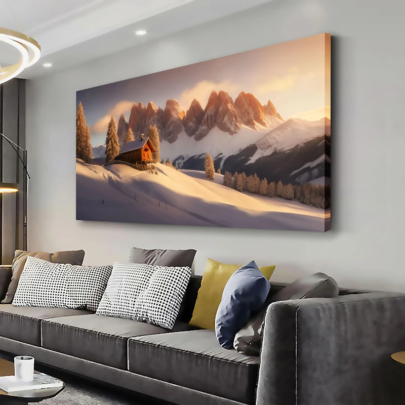AERART Landscape Wall Art Snow Mountain Huts Sunset Scenary Canvas Picture Wall Decor Artwork Living Room Bedroom Office Decor Art 24"x48"