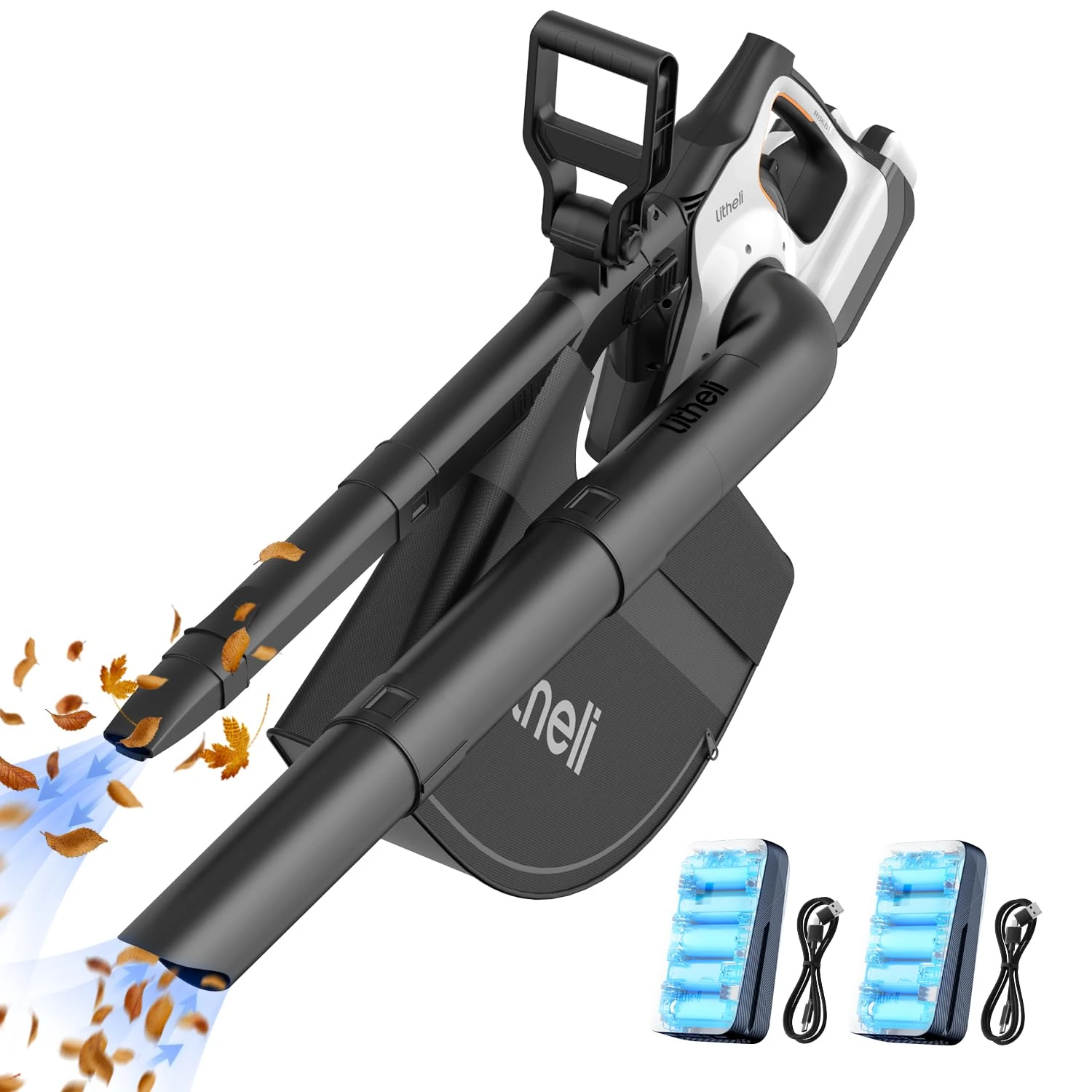Litheli Leaf Blower and Vacuum Cordless, Brushless Blow-Vac with Turbo Boost, 280km/h, 11m³/min, 3-Speed, 8:1 Shredding Ratio with 45L Collection Bag, 2×20000mAh Battery