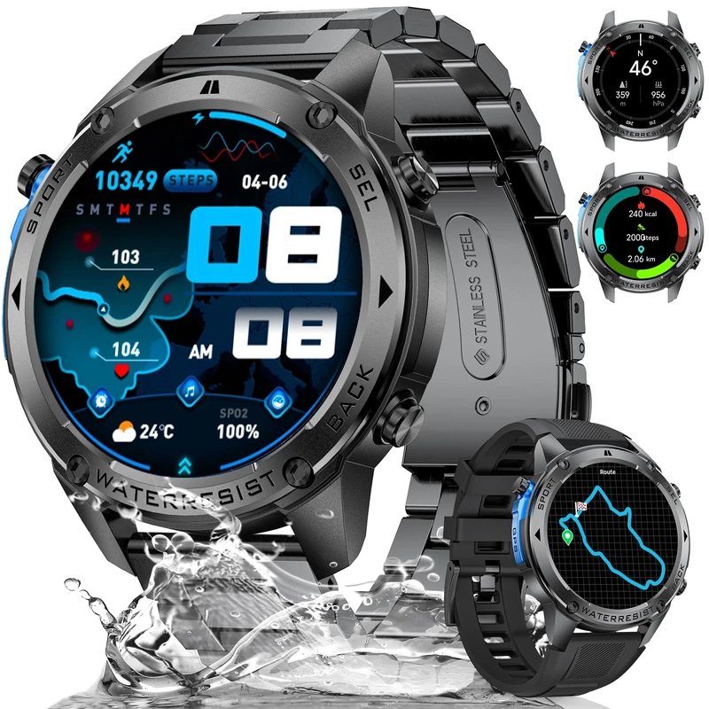 LIGE Smart Watch for Men GPS with 5ATM Waterproof, 500mAh Large Battery Military Smartwatch with Compass/Barometer/Altitude, 1,43" AMOLED Mens Fitness Watch Bluetooth Call for Android iOS, Black