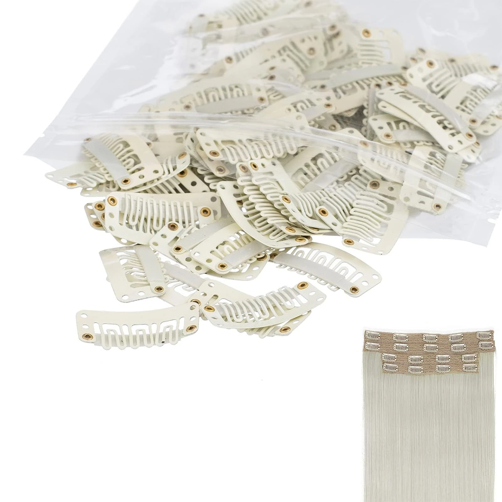 Metal Snap Hair Wig Clips for Extensions & Wefts (U-shaped, 40PCs WHI)