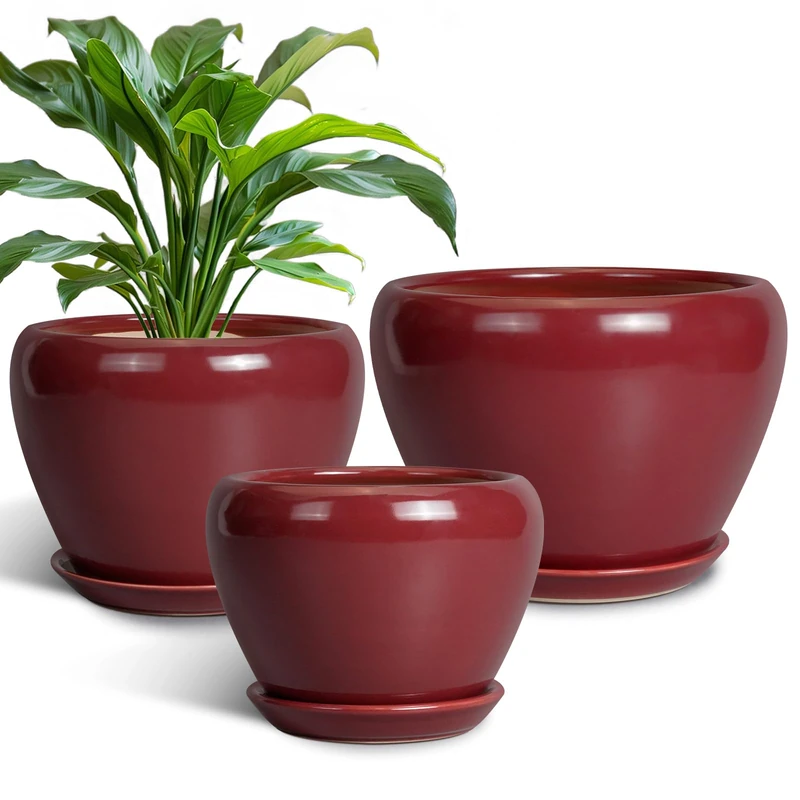 EPFamily Ceramic Pots for Plants - 10 Inch 8 Inch 6 Inch Plant Pots with Drainage Holes and Saucers Large Planters for Indoor Plants Decorative Outdoor Flower Pots Set of 3 Red