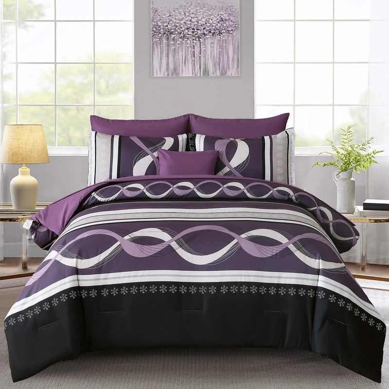 Purple Comforter Set King Size, 8 Pieces Bed in a Bag Patchwork Striped Comforter Set, Soft Microfiber Boho Bedding Set for All Season(90"×104")