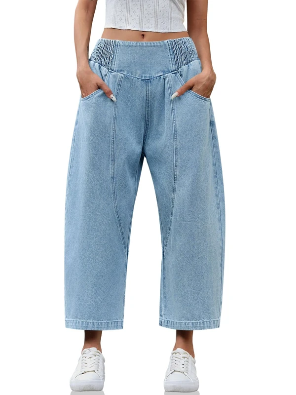 Cicy Bell Womens Wide Leg Cropped Jeans Baggy Boyfriend Smocked Mid Rise Harem Denim Pants, Light Blue, 2
