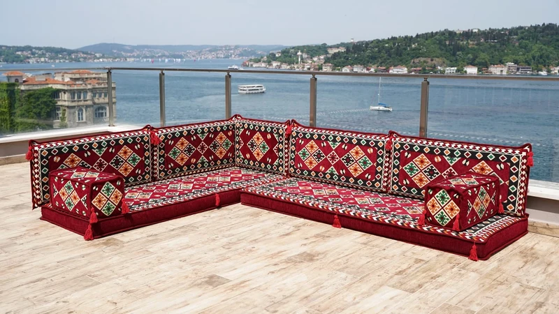Arabic Living Room Furniture, Bench Cushion, Sectional Sofas, Corner Sofa, L Shaped Sofa, Backrest Pillow, Convertible Sofa Set (L Sofa Only, Burgundy, 4'' Thickness Sofa (10 cm))