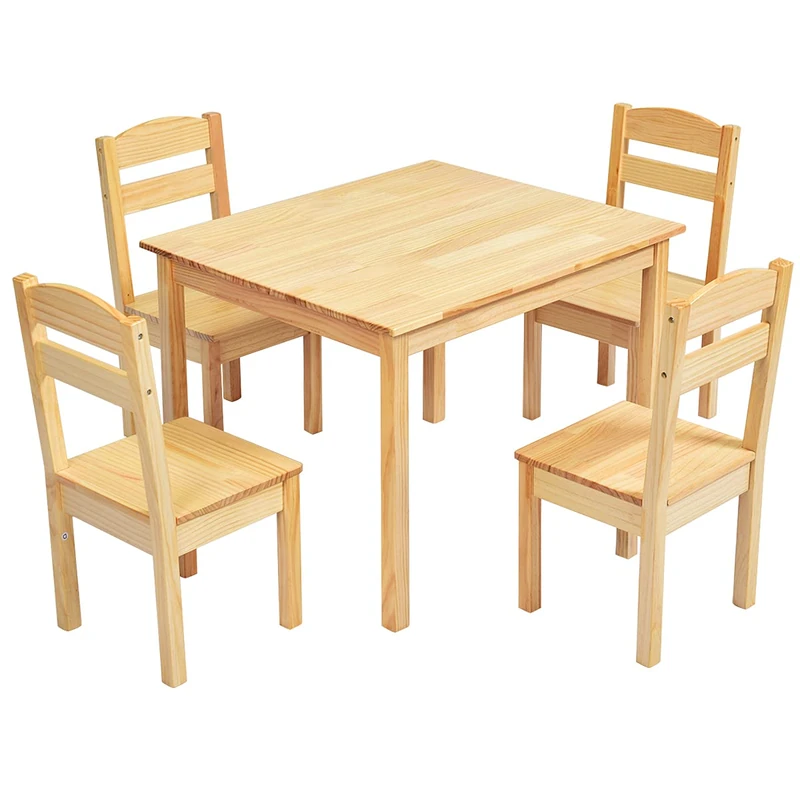 GYMAX Kids Table with 4 Chairs, Wooden Children Desk & Chair Set, 5-Piece Toddler Activity Furniture for Playing, Learning and Eating (Natural)