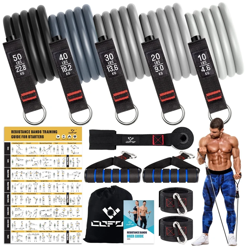 COFOF Resistance Bands Set with Handles, Exercise Bands Stackable up to 150lbs, Gym Bands with Workout Poster & Door Anchor & Ankle Straps for Fitness, Strength, Yoga, Home Gym Equipment for Men Women