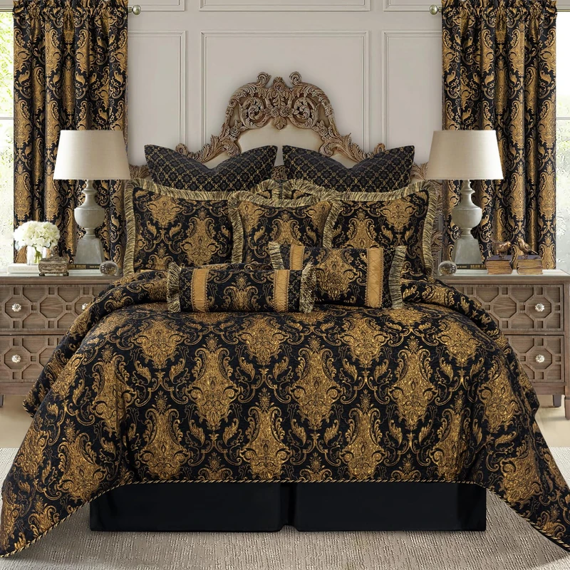 Loom and Mill 9-Piece, Luxury Classic Black Damask Jacquard Comforter Sets-FlorenceBK, Synthetic Fiber, king