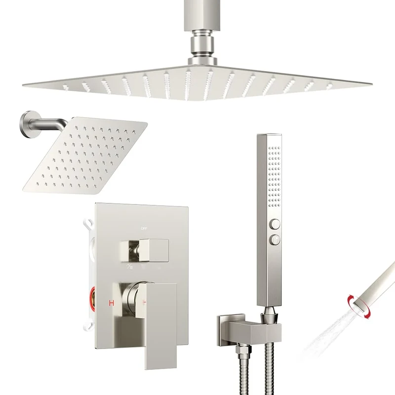 BS1006YXL-3 12" Dual Head Shower System with 8" Shower Head Ceiling Mount Pressure Balancing Matte Black