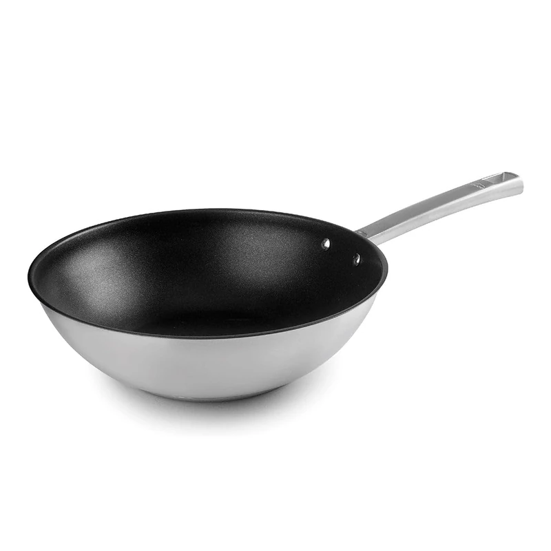 LACOR - 45728 - Wok Foodie, 18/10 Stainless Steel, Non-Stick Coating, with Titanium, PFOA-Free, Ergonomic Handle, Sandwich Thermal Diffuser Base, Suitable for Induction and All Types of Fires,