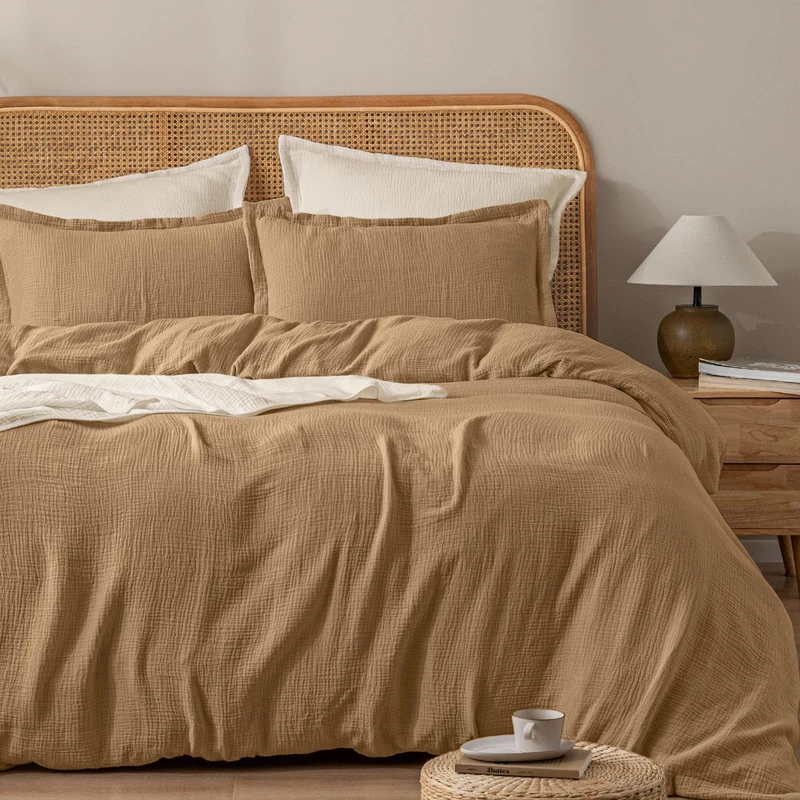 PHF 100% Natura Cotton Muslin Duvet Cover Set King Size, Ultra Soft Breathable Absorbent, Luxurious Minimalist Gauze Bedding for All Season, Duvet Set with 2 Pillow Shams, 104" x 90", Brown