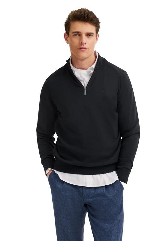 bugatti Men's Pullover Troyer Stand-Up Collar Cashmere Content Regular Fit, 390-navy, 3XL