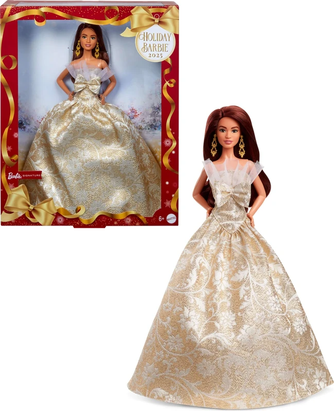 Barbie Signature, 2025 Holiday Dark Brown Hair Fashion Doll Wearing Silver & Gold Gown, Seasonal Collector Toy in Displayable Packaging, JBJ02