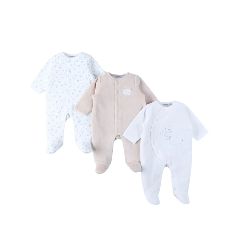 Noukie's Set of 3 Baby Pyjamas - Flowers and Elephants - 1 Month