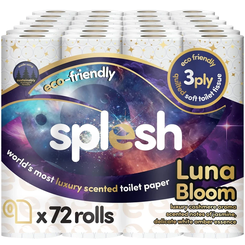 Splesh by Cusheen Toilet Roll 72 Rolls - Luna Bloom Cashmere Scent with White Amber Essence, Bulk Family Pack | Soft 3 Ply Luxury Bathroom Tissue Loo Rolls | Eco-Friendly, Sustainable Toilet Paper