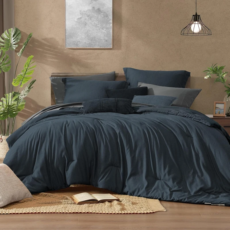 Monbix California King Size Comforter Set 7 Pieces Navy Blue Bed in a Bag
