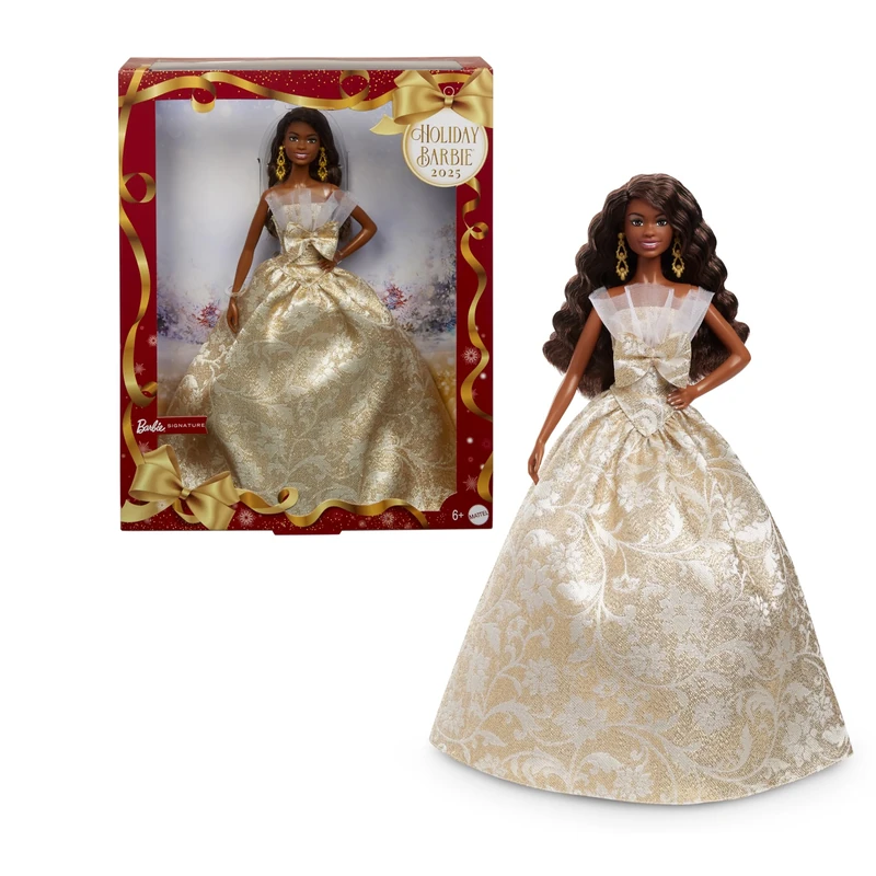 Barbie Signature, 2025 Holiday Black Hair Fashion Doll Wearing Silver & Gold Gown, Seasonal Collector Toy in Displayable Packaging, JBJ01
