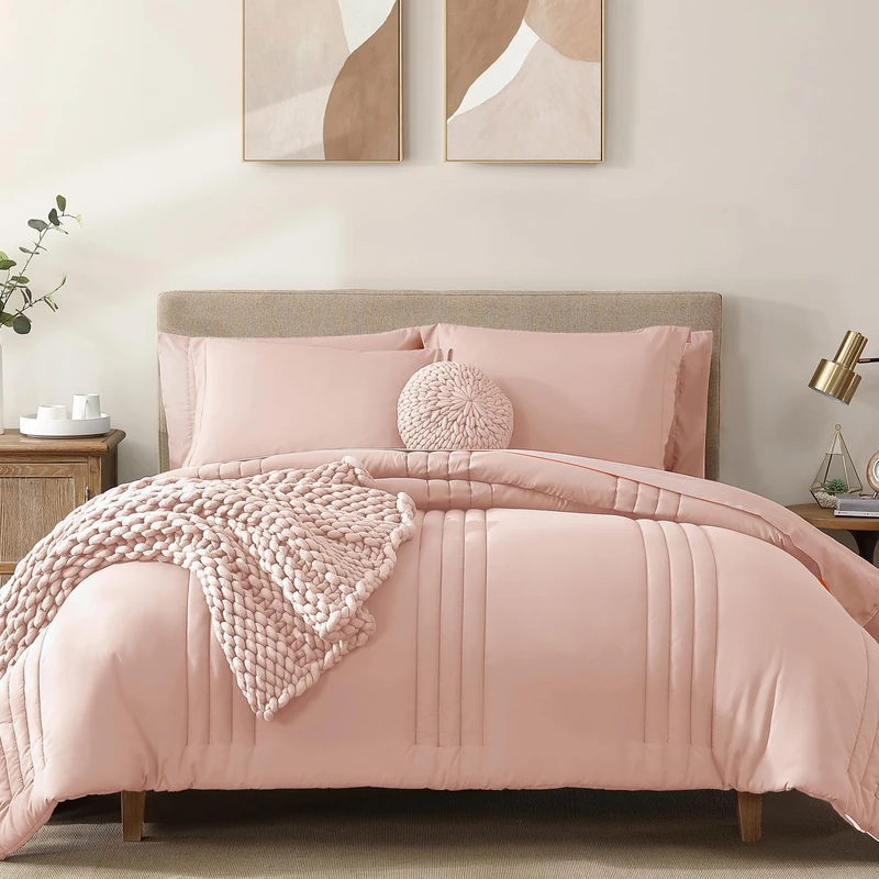 Twin XL Comforter Set-5 Pieces Light Pink Bed in a Bag Twin Bedding Sets