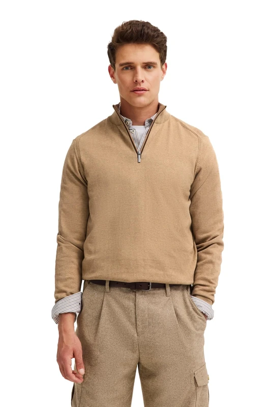 bugatti Men's Pullover Troyer Stand-Up Collar Cashmere Content Regular Fit, 14-Beige, XL