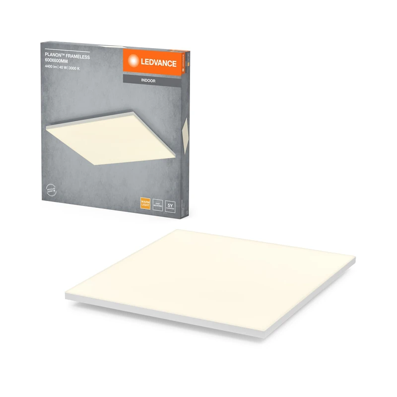 LEDVANCE Planon Frameless Ceiling Light in White with Advanced LED Technology, 40 W, Square Shape (600 x 600 mm), Warm White Light Colour at 3000 K, Aluminium housing, Frosted PMMA Diffuser