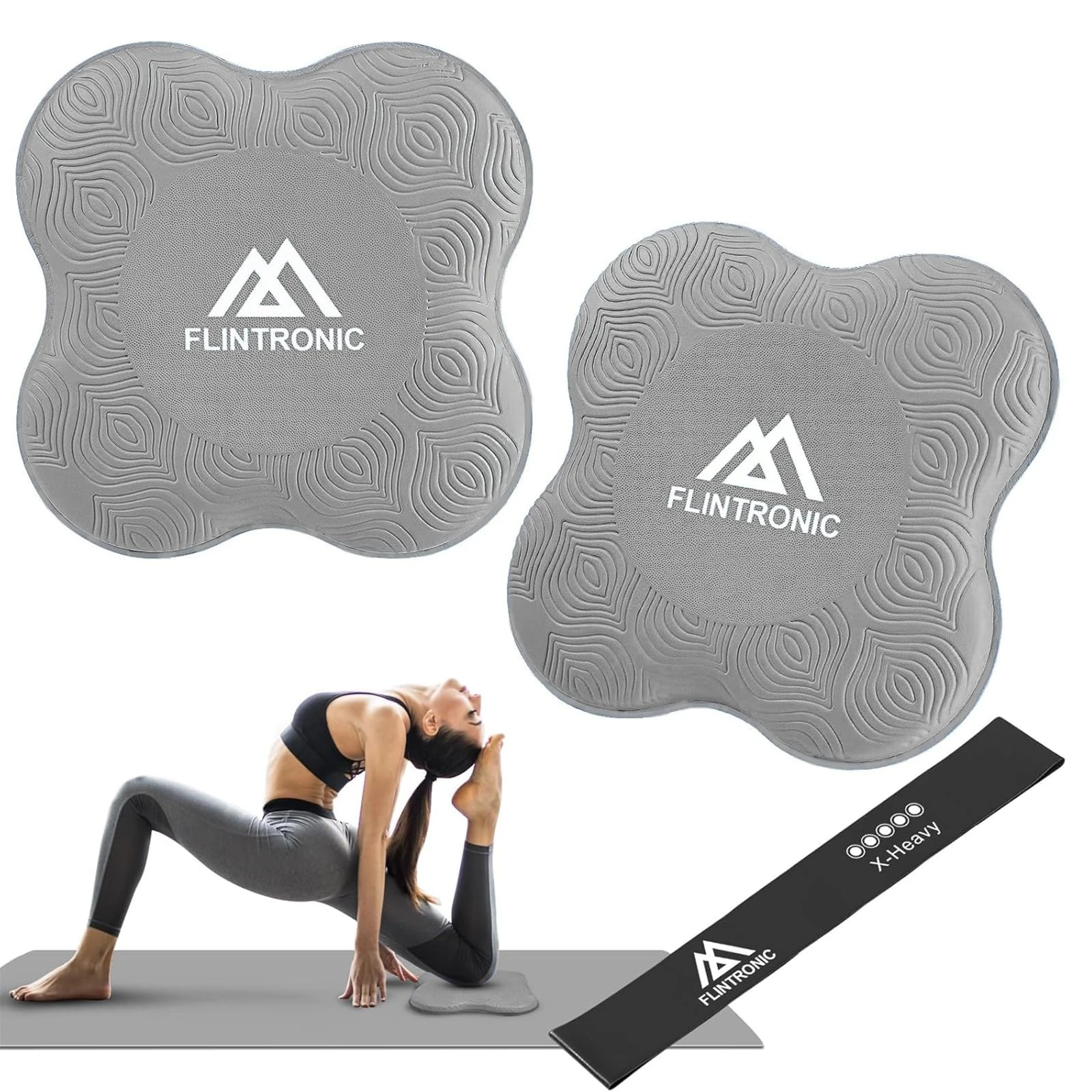 Flintronic 2PCS Yoga Knee Pad with Black Resistance Band(Grey)