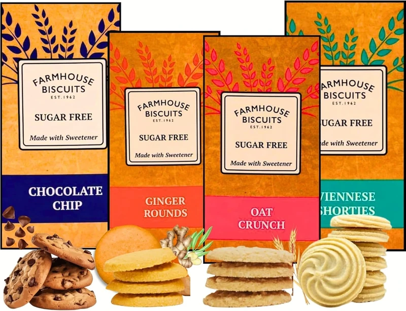 Farmhouse Sugar Free Biscuits For Diabetics Multipack Selection Box - Viennese Shorties, Ginger Cookies, Choc Chip Cookies, Oat Crunch Cookies | Ideal for Weight Loss (Pack of 3 (4Mix Flavours))