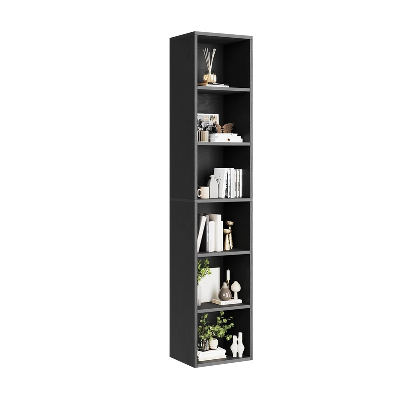 oneinmil Tall Narrow Bookcase, 6 Tier Bookshelf Display Rack, Modern Corner Cube with Open Storage Space, Storage Shelves for Home Office, Living Room, Bedroom, Black
