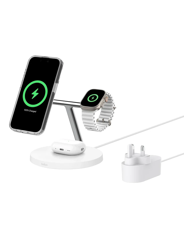 Belkin BoostCharge 3-in-1 Qi2 charger, MagSafe compatible wireless charging station, Qi2 Wireless Charger for Apple iPhone 17 Series, Air, Apple Watch, AirPods with Non-Slip Base, PSU Included - White