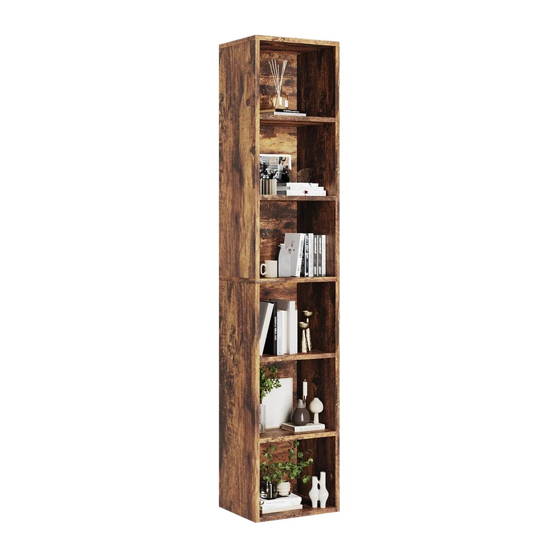 oneinmil Tall Narrow Bookcase, 6 Tier Bookshelf Display Rack, Modern Corner Cube with Open Storage Space, Storage Shelves for Home Office, Living Room, Bedroom, Brown