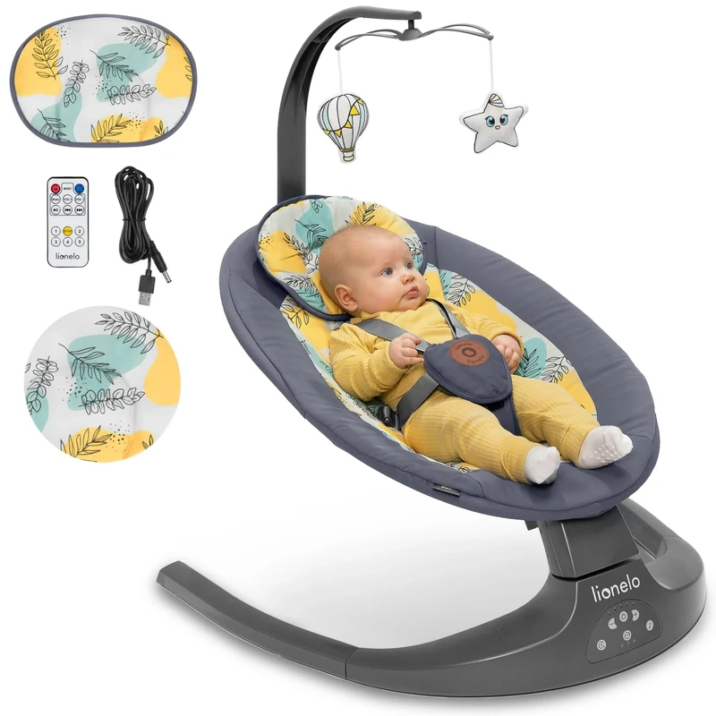 Lionelo Ralf 2in1 Baby Bouncer & Rocker for Newborn with Adjustable 5-Speed Swing, Motion Detection, Music Playback 12 Melodies, Time Settings, Baby seat, USB & Battery Safety Harness, from Birth
