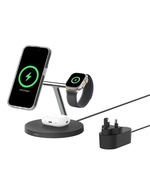 Belkin BoostCharge 3-in-1 Qi2 charger, MagSafe compatible wireless charging station, Qi2 Wireless Charger for Apple iPhone 17 Series, Air, Apple Watch, AirPods with Non-Slip Base, PSU Included - Black