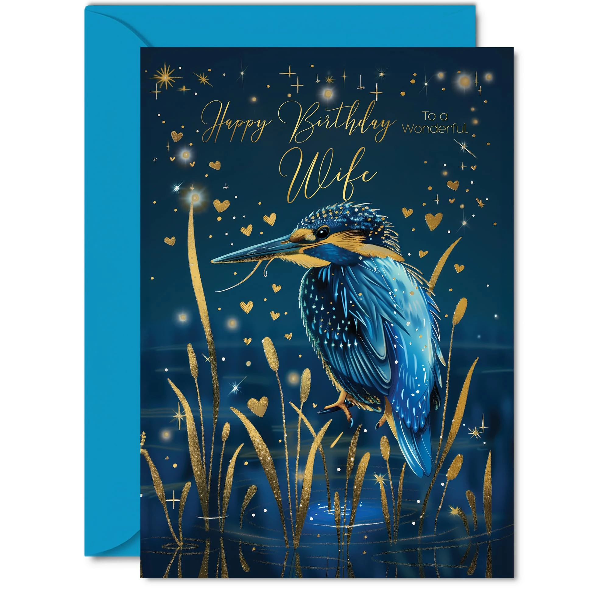 Beautiful Gold Birthday Cards for Wife - Wonderful Golden Kingfisher - Pretty Traditional Elegant Birthday Card for Wife from Husband, A5 Partner Gorgeous Greeting Cards Gift