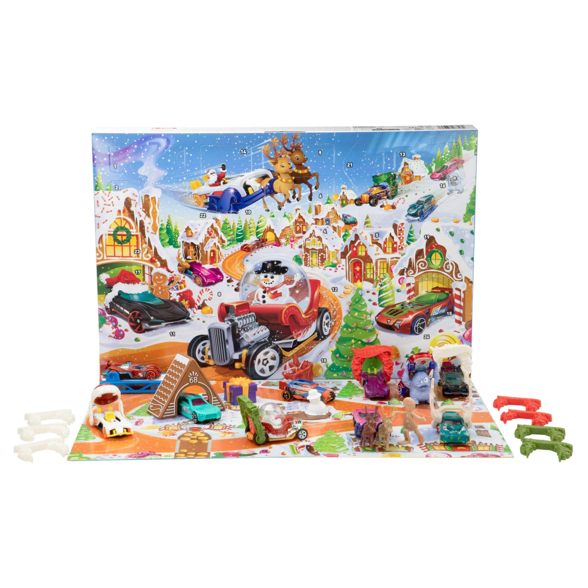 Hot Wheels Toy Cars & Playset, 2025 Advent Calendar with 10 Vehicles in 1:64 Scale, 10 Ornament Clips & 14 Winter-Themed Accessories, JCB47