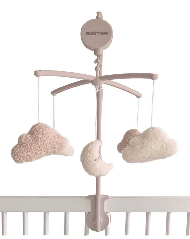 Nattou Teddy, Wooden Musical Mobile, Moon Cloud, 65 cm, Sleep Soother, Baby Sleep Aid, Beige Ecru